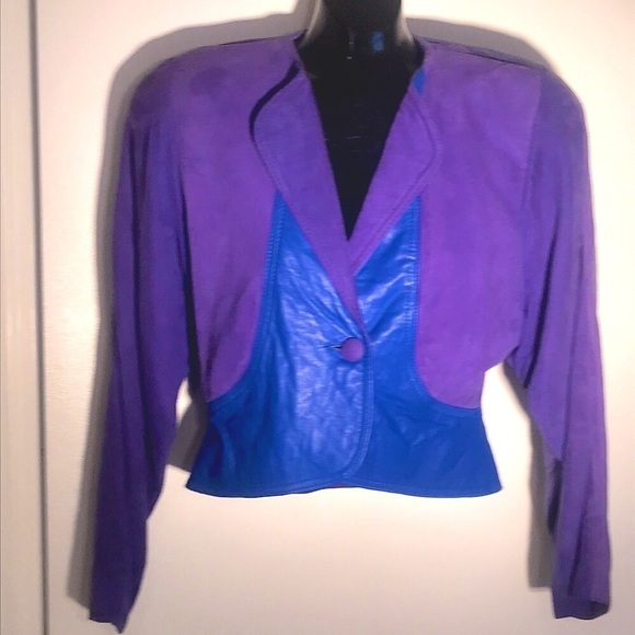1980's VINTAGE PURPLE SUEDE & LEATHER  BLAZER WITH SHOULDER PADS SIZE 6 - Picture 10 of 10